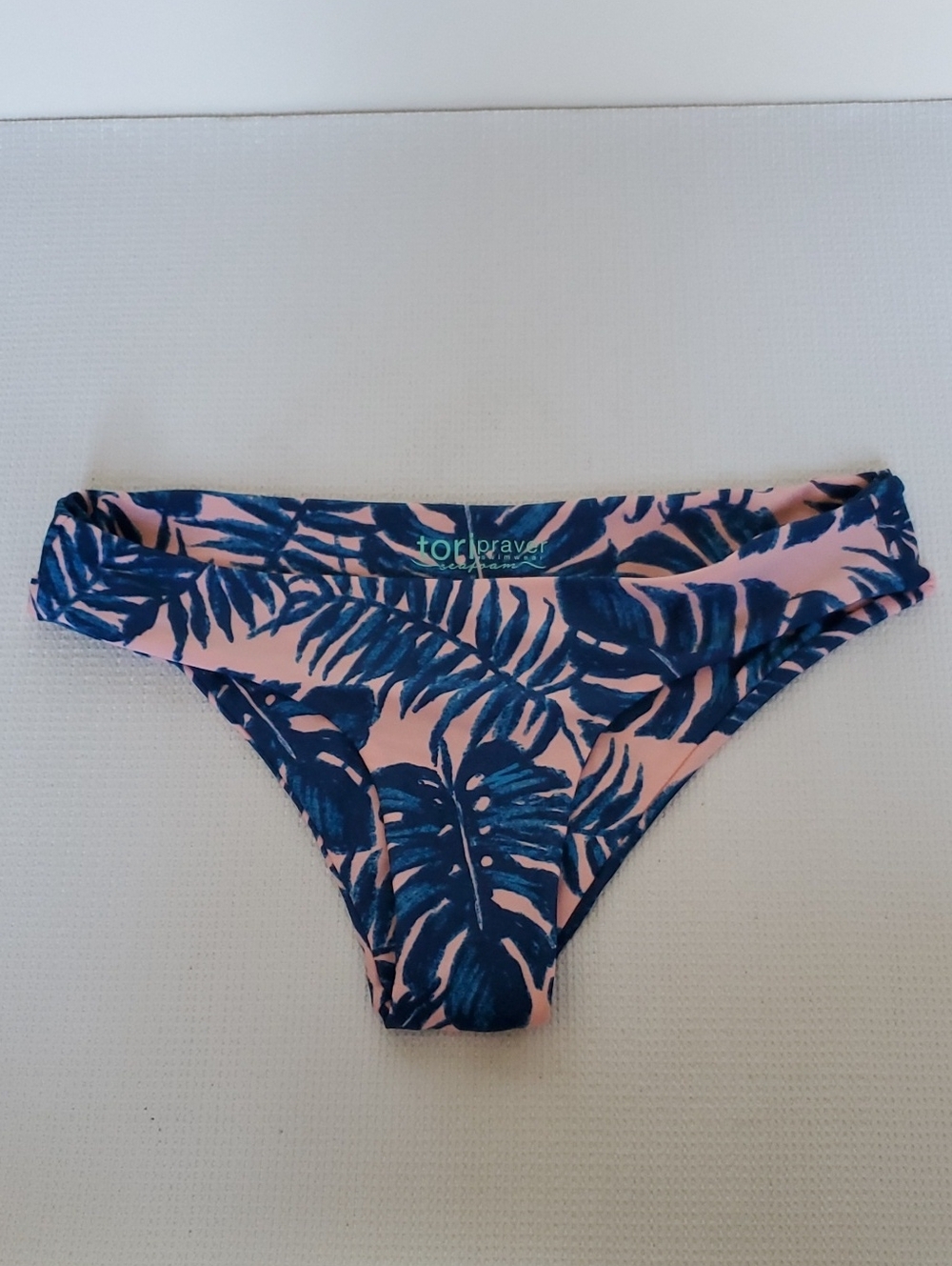 Tori Praver Swimwear Seafoam Pink Bikini Bottom with Navy Tropical Leaf Print